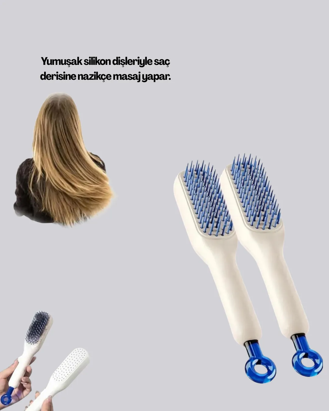 Kendini Temizleyen Ergonomik Saç Tarağı – ABS Gövde, Silikon Diş