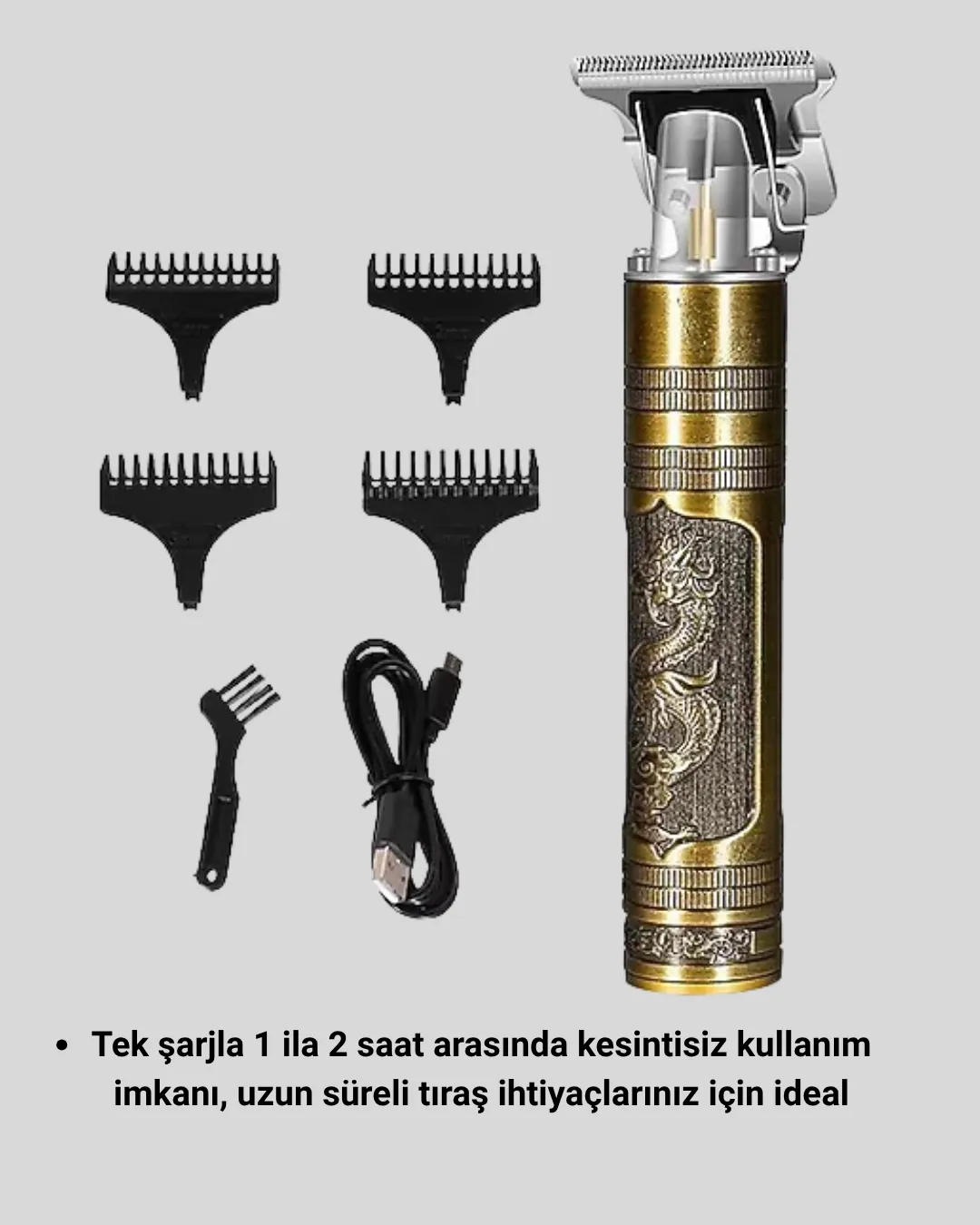 Şarjlı T Bıçaklı Saç ve Sakal Tıraş Makinesi – 3 Başlıklı, Güçlü Motorlu, 2 Saat Kullanım