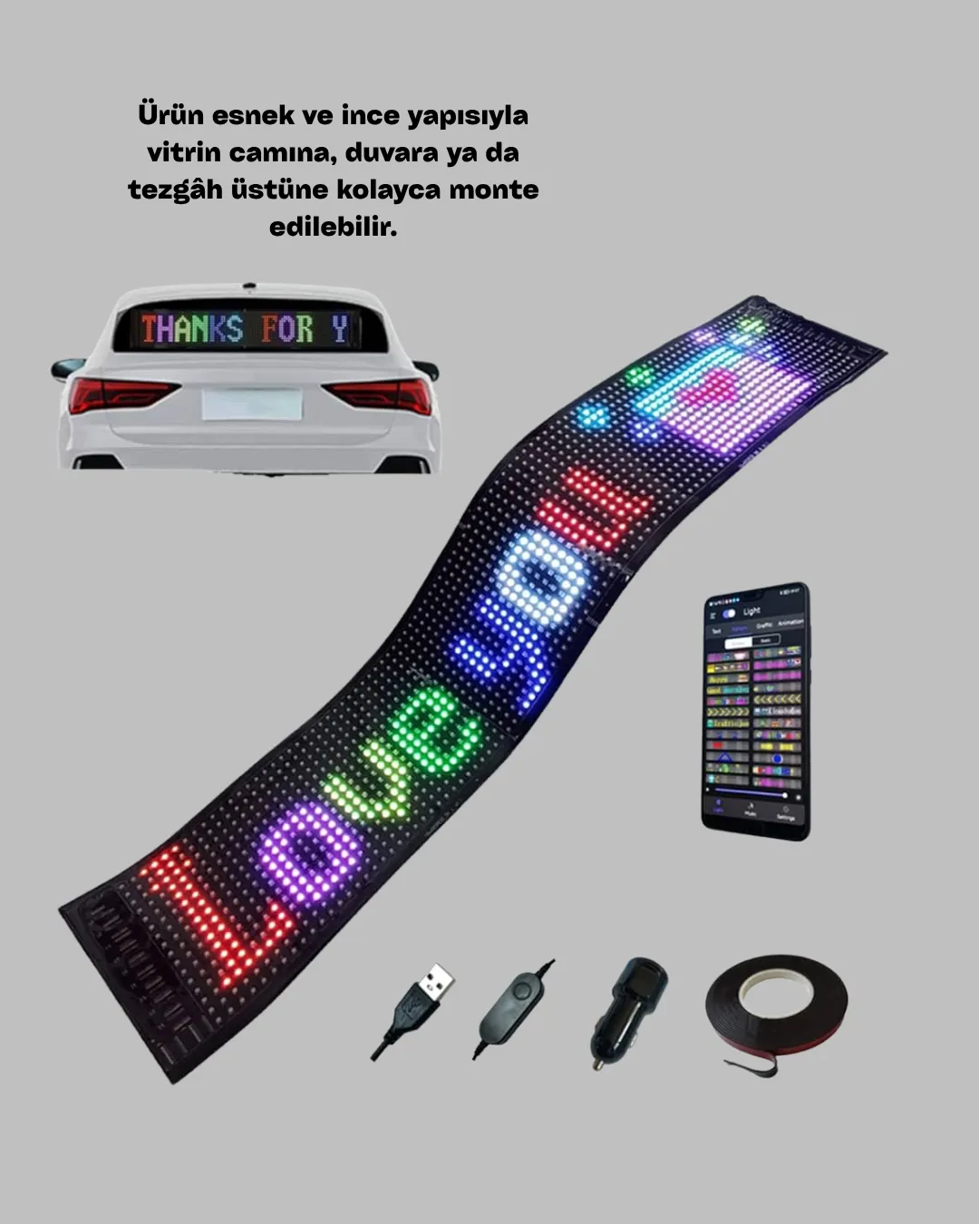USB Girişli RGB LED Tabela Ayarlanabilir Parlaklık ve Kayan Yazı Özellikli