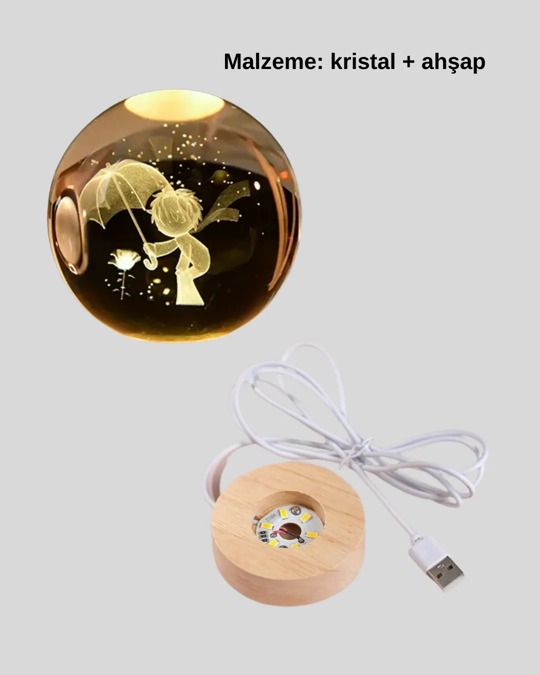 Küçük Prens Figürlü 3D Kristal Top Sıcak Işıklı USB Ahşap Tabanlı Dekor Lamba