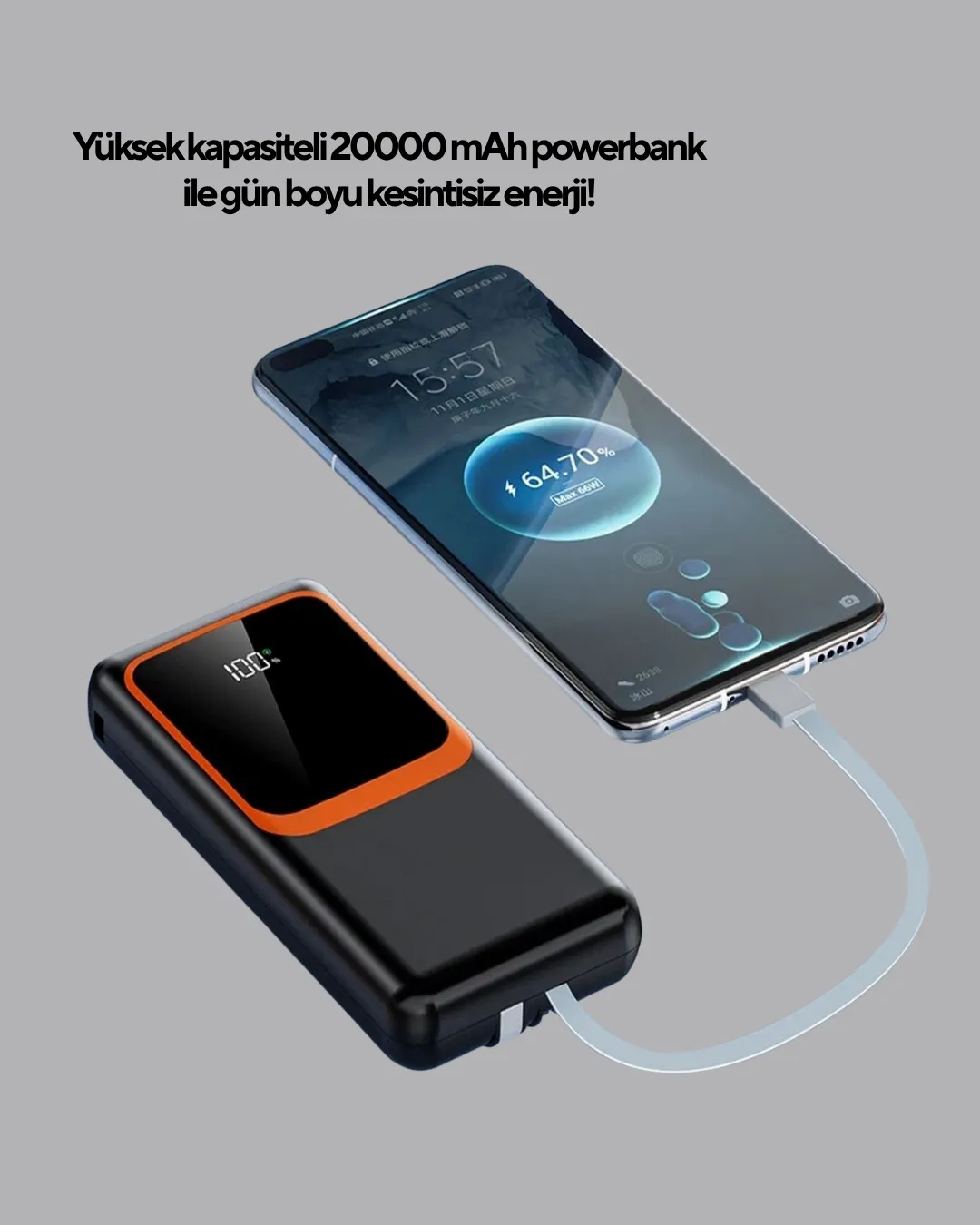 Powerbank 20000 mAh Dijital Ekranlı ve Çok Kablolu Hızlı Şarj Cihazı