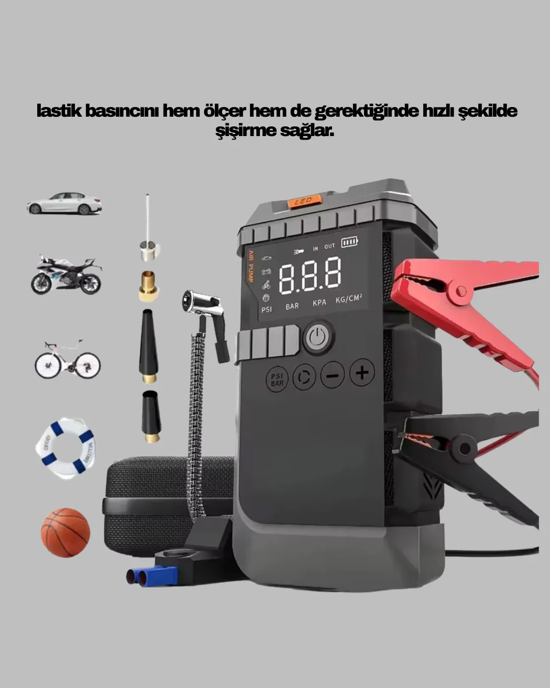 Taşınabilir Akü Takviye Cihazı Işıklı Hava Kompresörü Powerbank