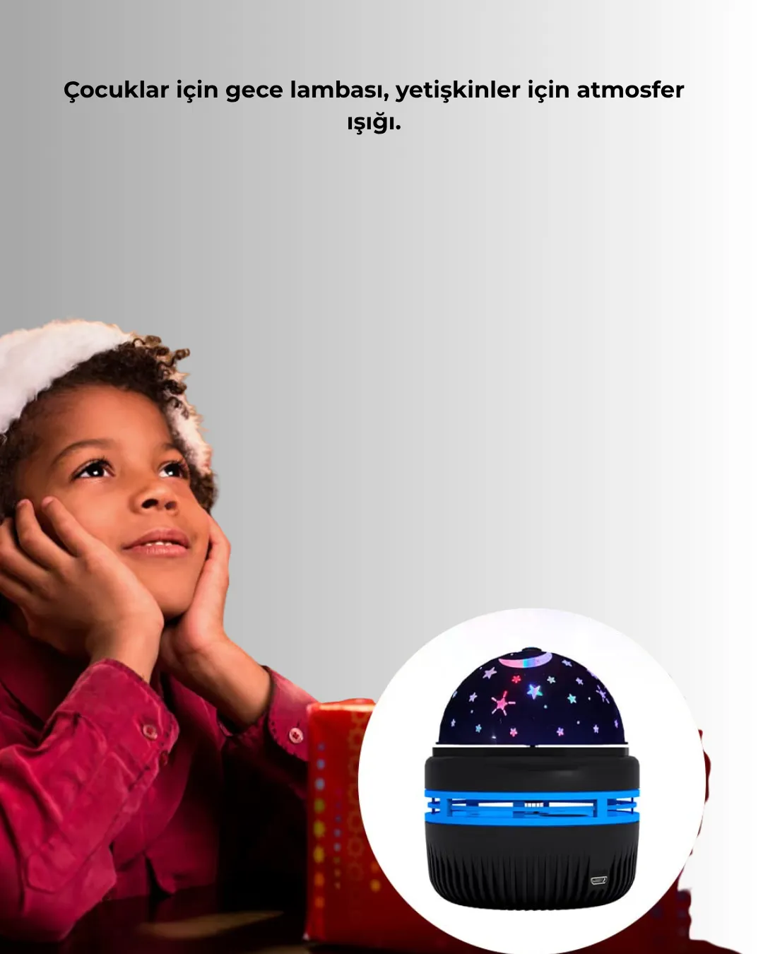 Döner Galaxy Projektör Gece Lambası – Ay ve Yıldız Işıklı Atmosfer Lamba, USB Bağlantılı