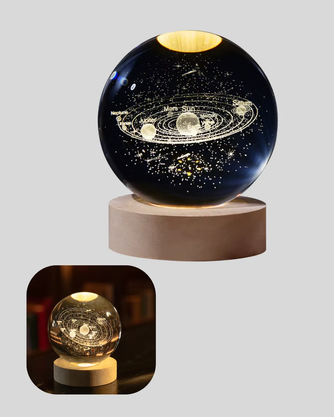 Ahşap Standlı LED Kristal Küre Lazer İşlemeli Dekoratif Obje