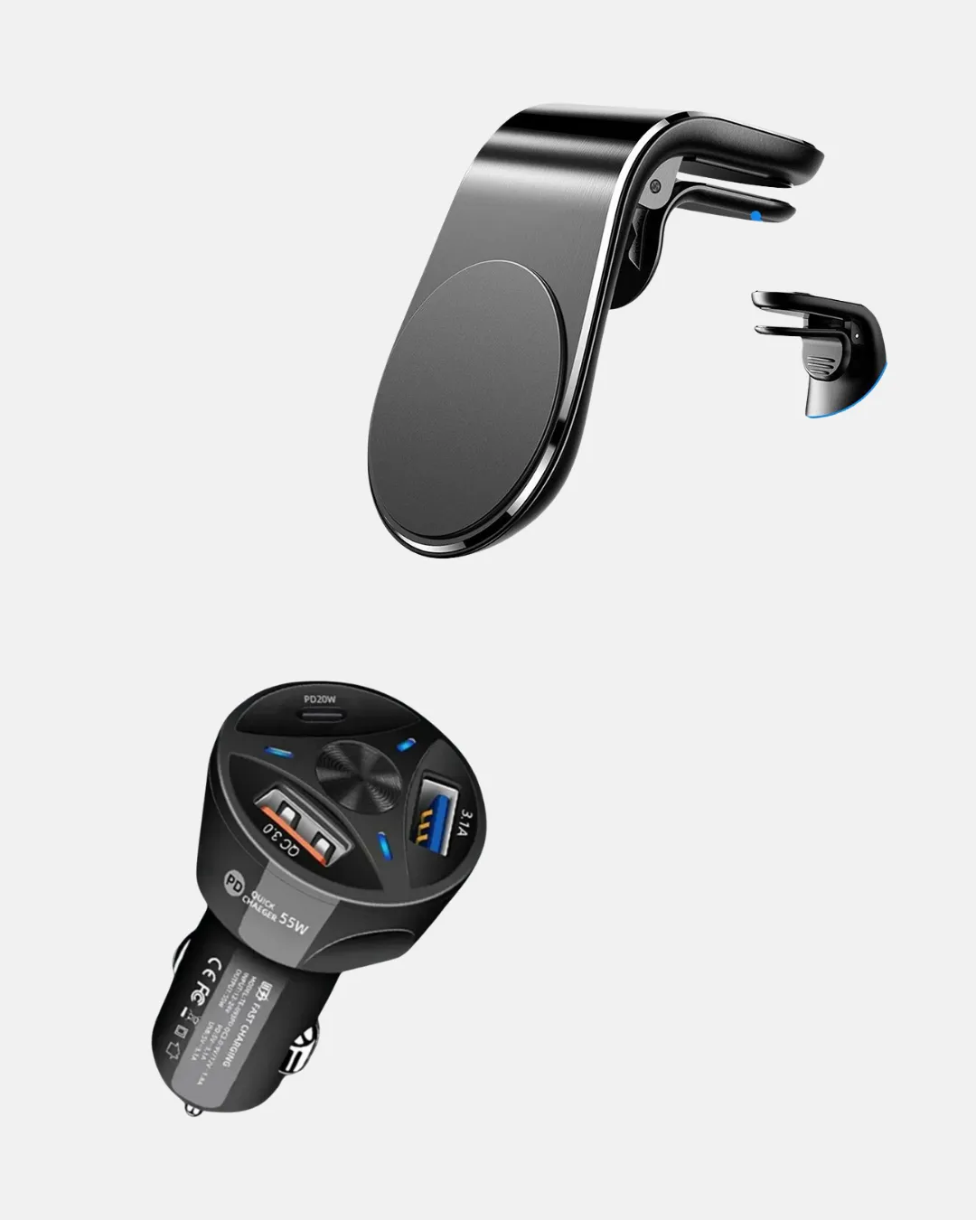 360° Döner Telefon Tutucu ve 55W Hızlı Araç Şarj Aksesuar Seti