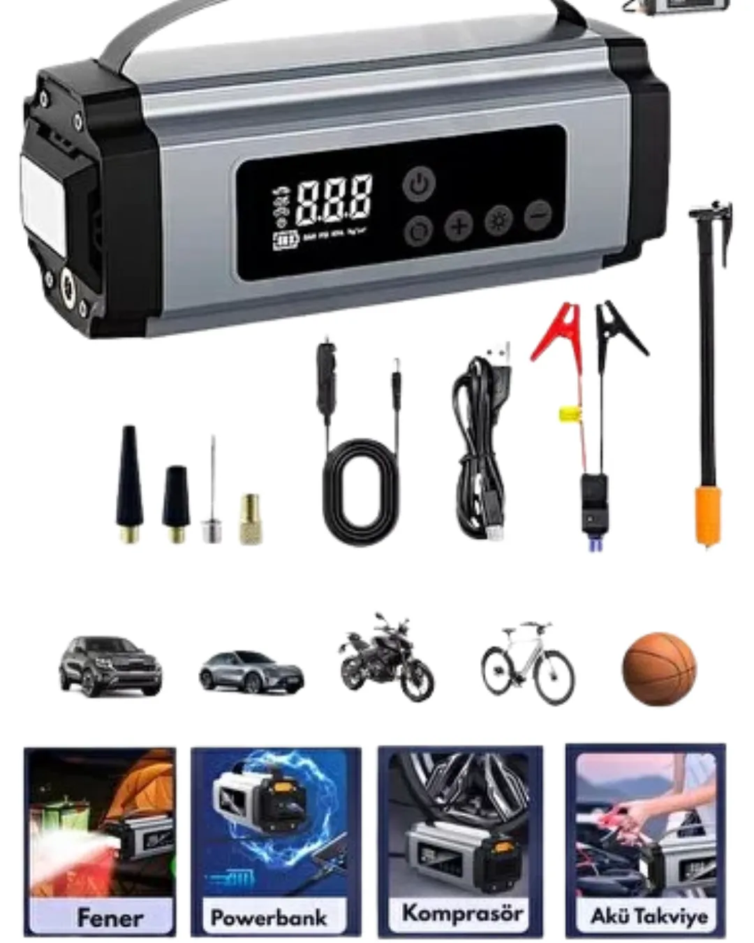 Yolda Kalmaya Son Dijital Ekranlı Akü Takviye ve Hava Kompresörü Çok Fonksiyonlu Acil Güç Ünitesi