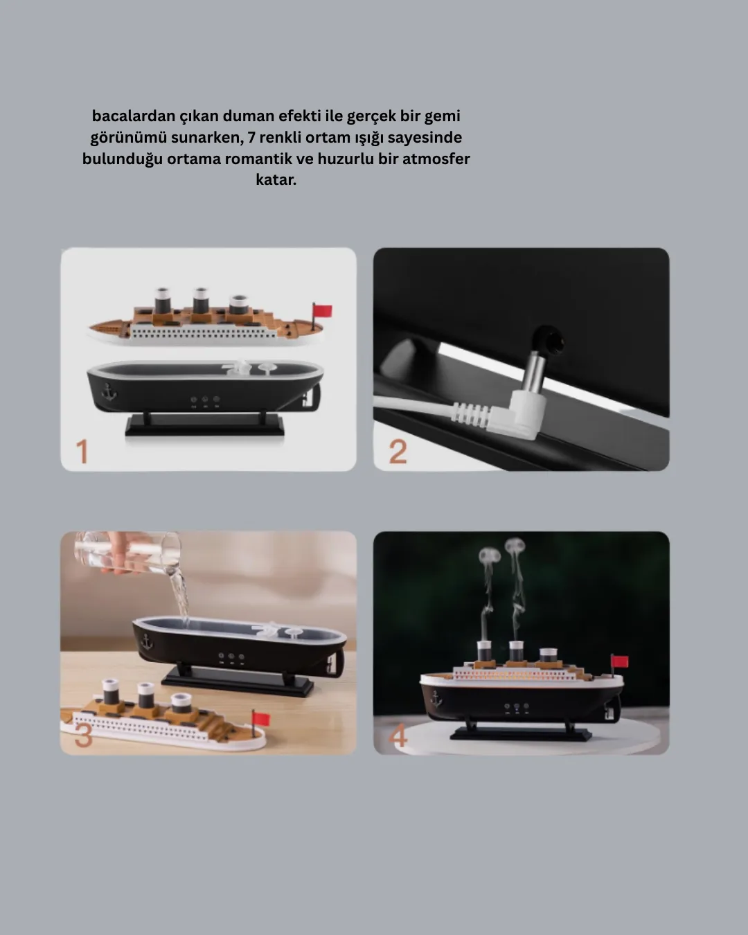 Ultra Sessiz Titanik Gemi LED Işıklı Aroma Difüzörü Oda Nemlendirici