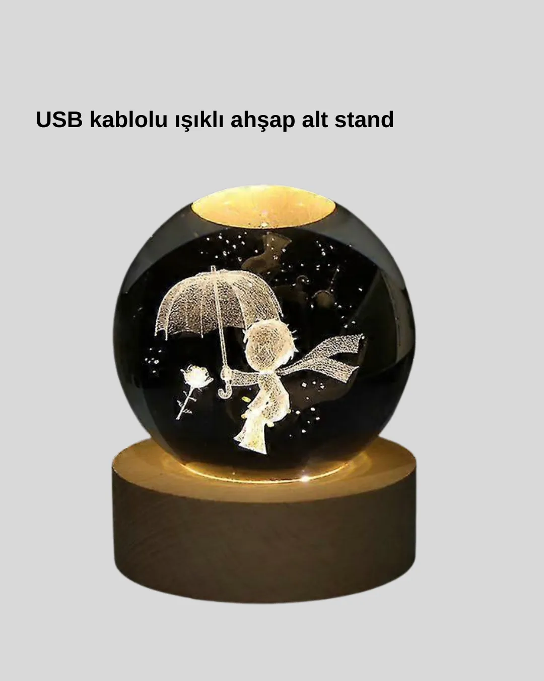 8 cm Küçük Prens 3D Kristal Küre USB Işıklı Ahşap Altlıklı Dekoratif Lamba