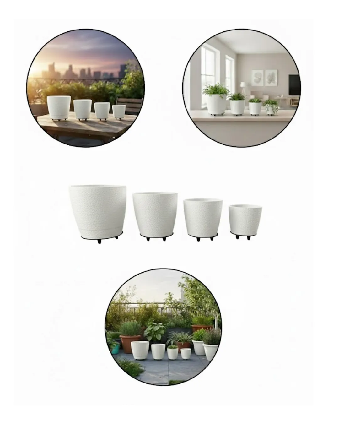 4’lü 3D Beyaz Ayaklı Saksı Seti Modern Minimal Dekoratif Vazo