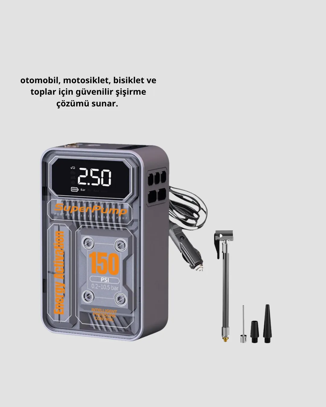 Taşınabilir Kablosuz Hava Pompası – 150 PSI Güçlü Basınç ve 6000mAh Şarjlı