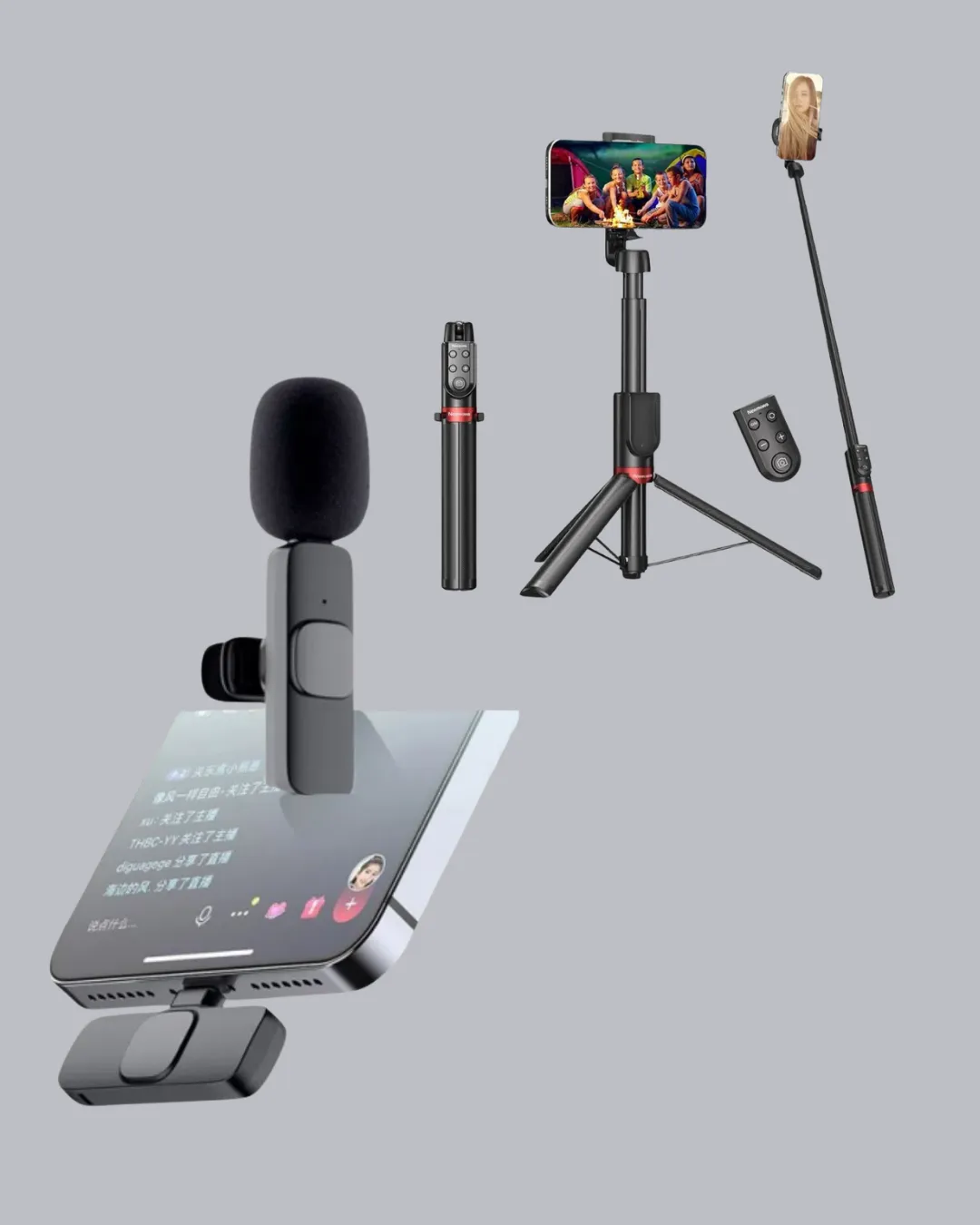 Vlog ve Canlı Yayın İçin Çift Yaka Mikrofonu ve Tripodlu Selfie Çubuğu Seti