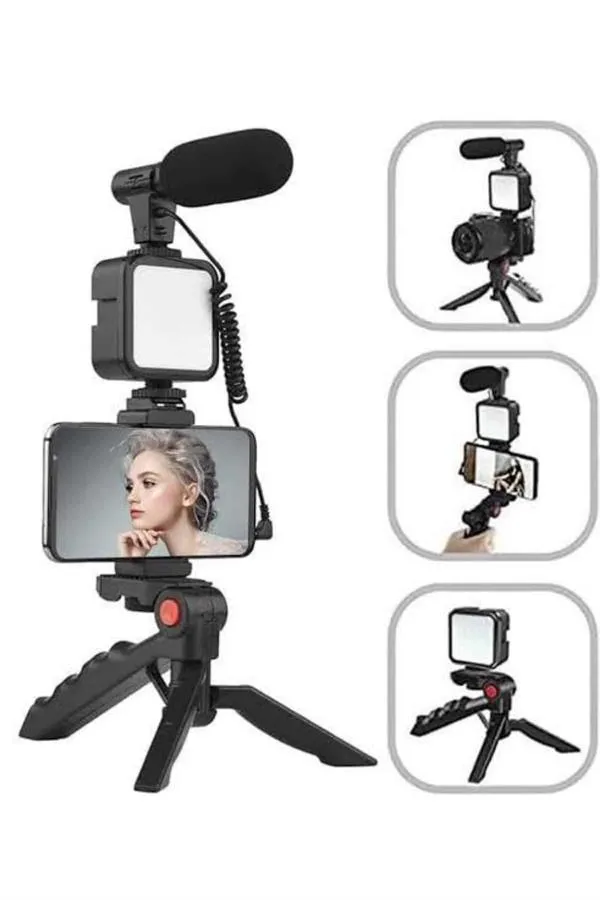 Tripod Telefon Tutucu Kumandalı Mikrofon Led Işık Vlog Video Kayıt