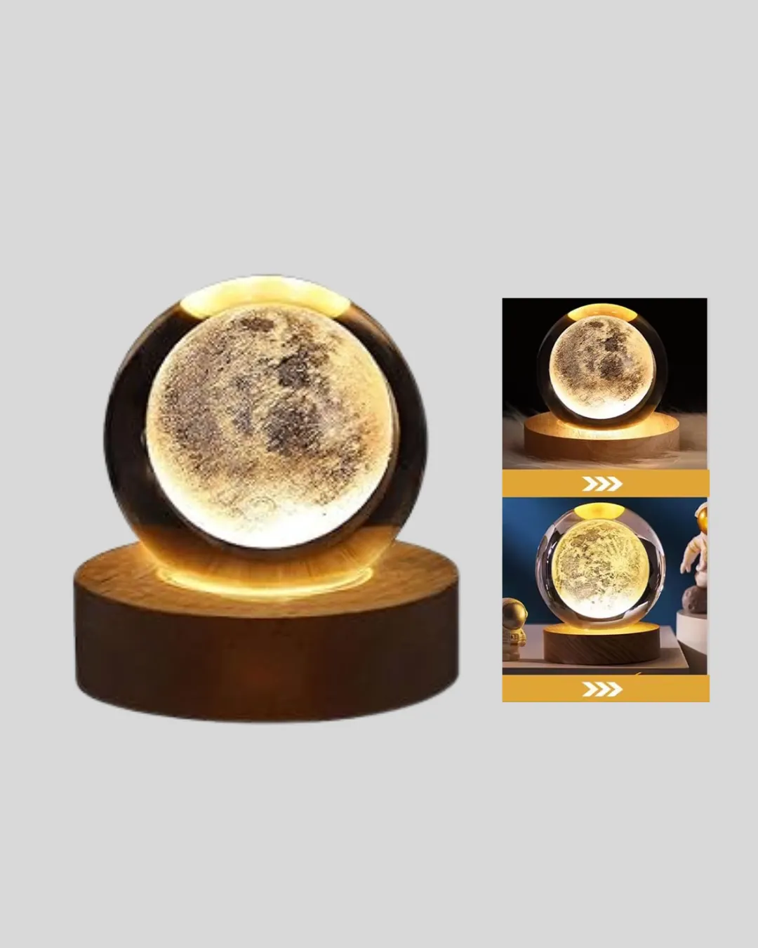 8 cm Ay Desenli Kristal Küre Sıcak LED Işıklı Ahşap Tabanlı Oda Lambası
