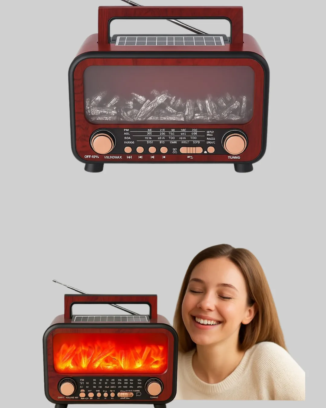 Taşınabilir Şömine Görünümlü Bluetooth Hoparlör – Solar Şarjlı, Alev Işıklı, 7W Ses