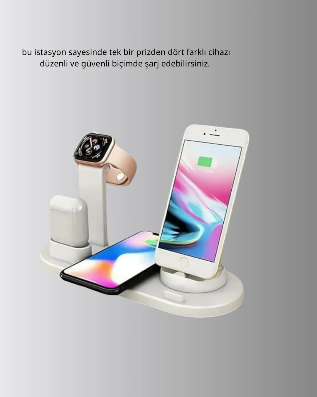 Kablosuz Şarj İstasyonu 4’ü 1 Arada iPhone Watch ve AirPods Uyumlu