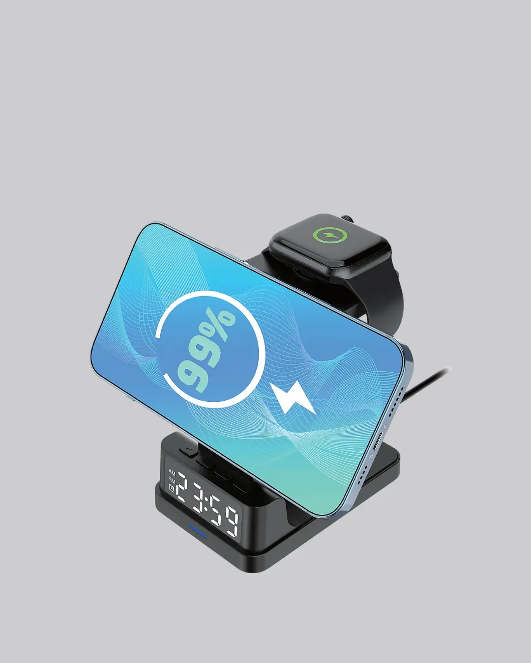 Dijital Saatli Kablosuz Şarj İstasyonu – 3’ü 1 Arada Apple Uyumlu Hızlı Şarj ve LED Ekran