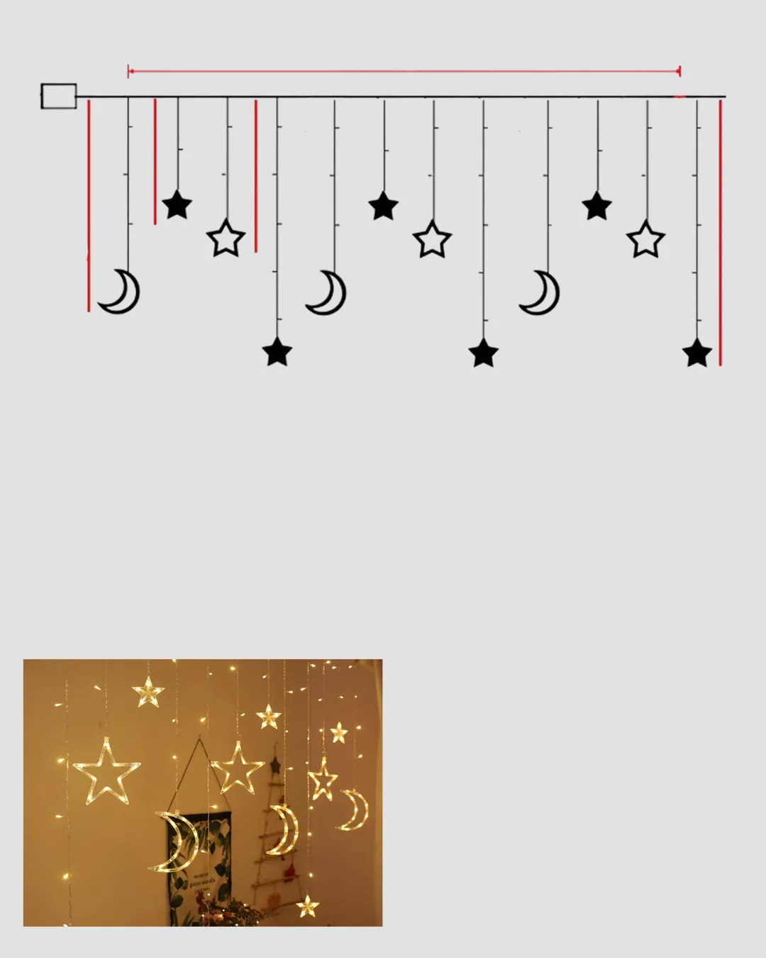 Yıldız Ay Tasarımlı Prizli Perde LED Işık İç Mekan Dekoru