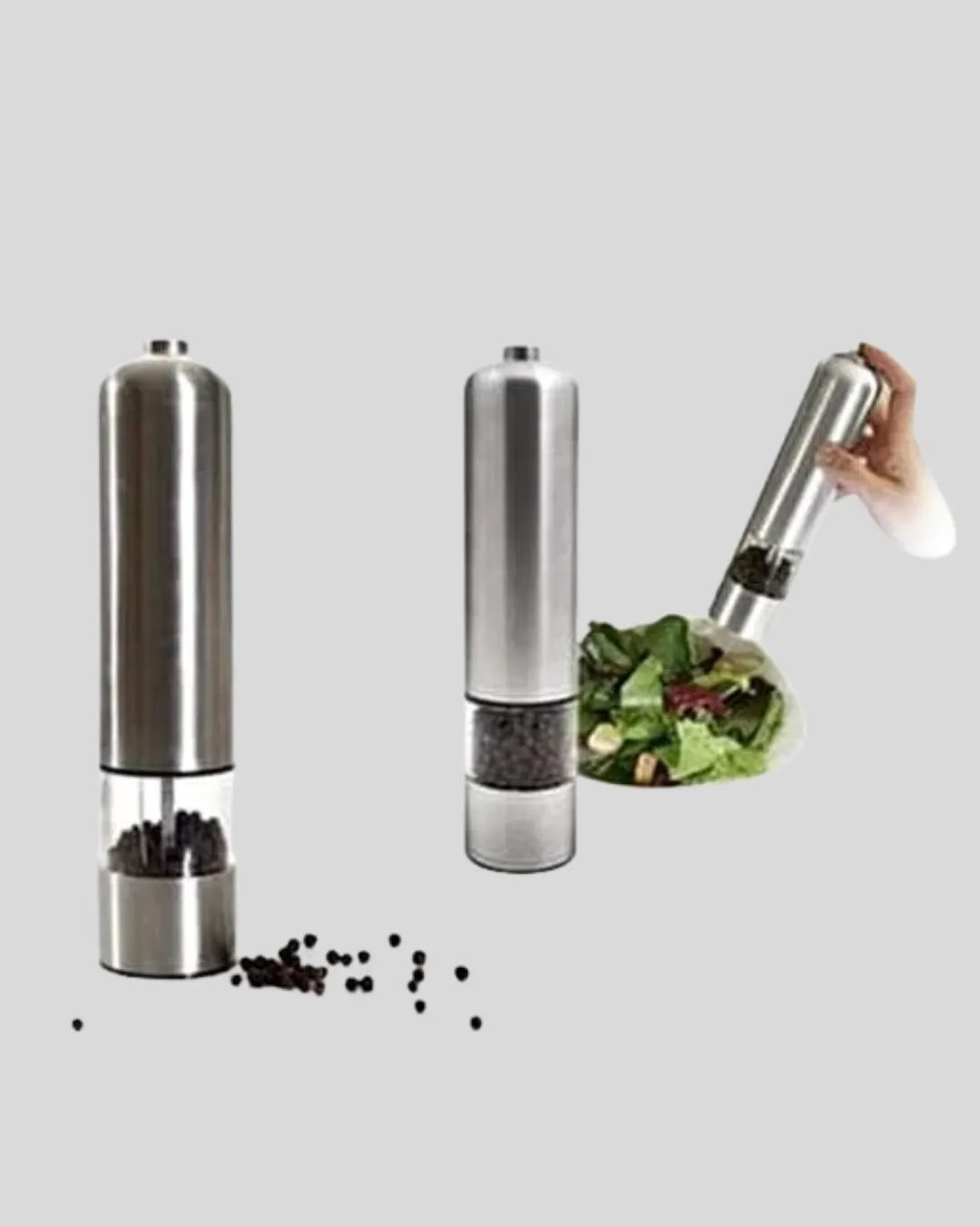 Modern Otomatik Baharat Öğütücü Seti – Pilli, Paslanmaz Çelik, LED Aydınlatmalı