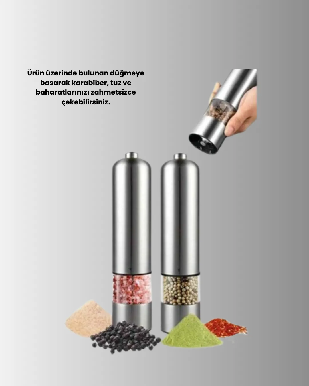 Pilli Otomatik Baharat Değirmeni Tek Tuşla Kolay Kullanım