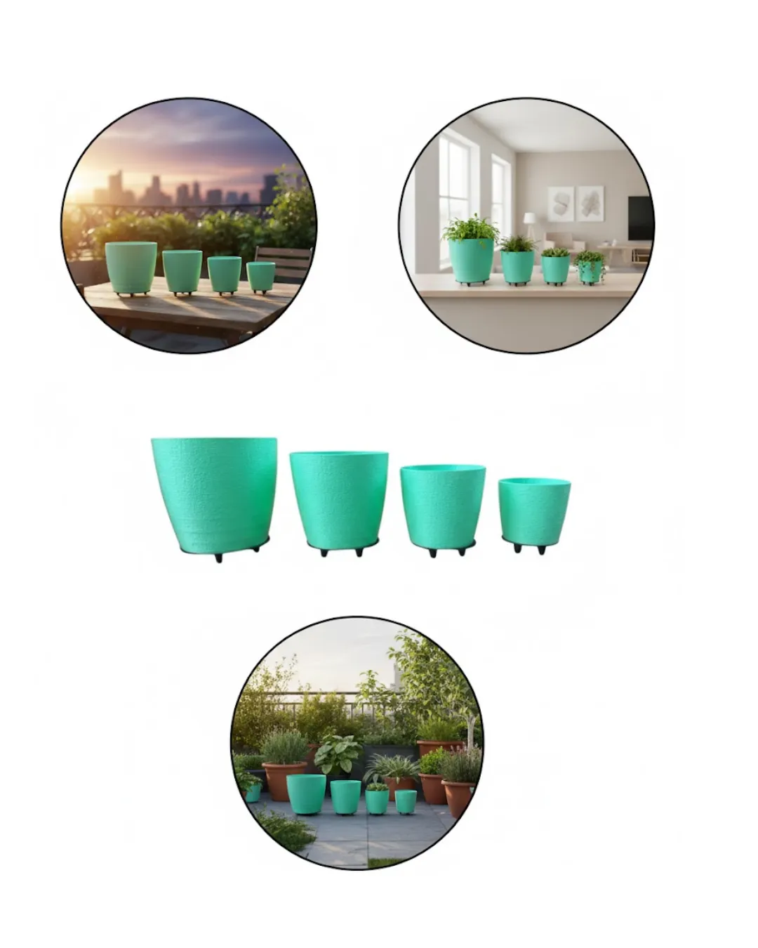 4’lü 3D Modern Yeşil Vazo Seti Dekoratif Ayaklı Saksı Takımı