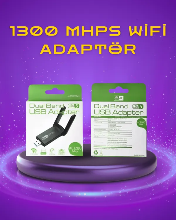 Yüksek Hızlı 1200 Mbps Çift Bant USB WiFi Adaptör – Güçlü Sinyal, Geniş Uyumluluk