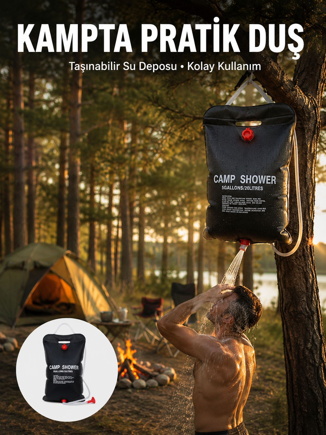Taşınabilir Kamp Duşu Solar Isıtmalı 20 Litre Su Kapasiteli Hijyen Çözümü
