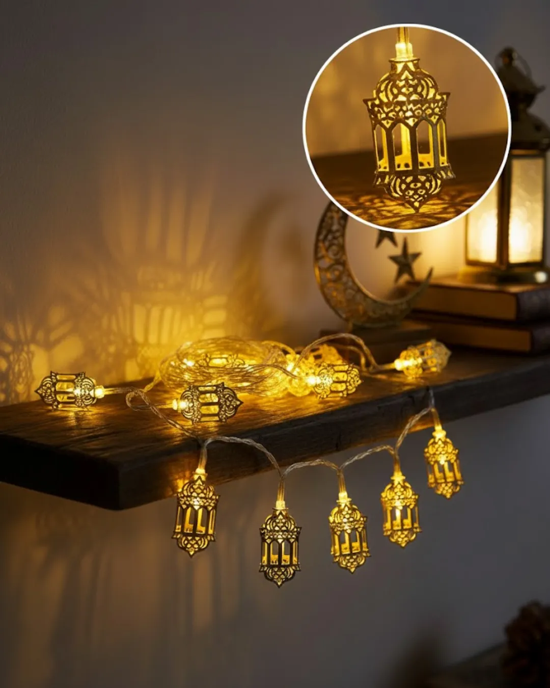 Ramazan Dekoru İçin Pilli LED Işık Altın Fener Tasarımlı