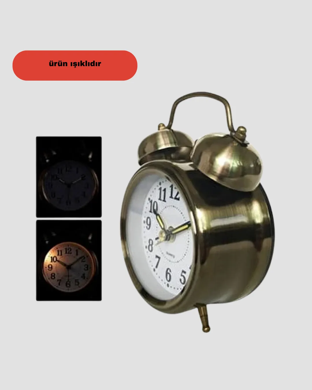 Nostaljik Büyük Boy Metal Masa Saati Bronz Kaplama ve Yüksek Sesli Alarm