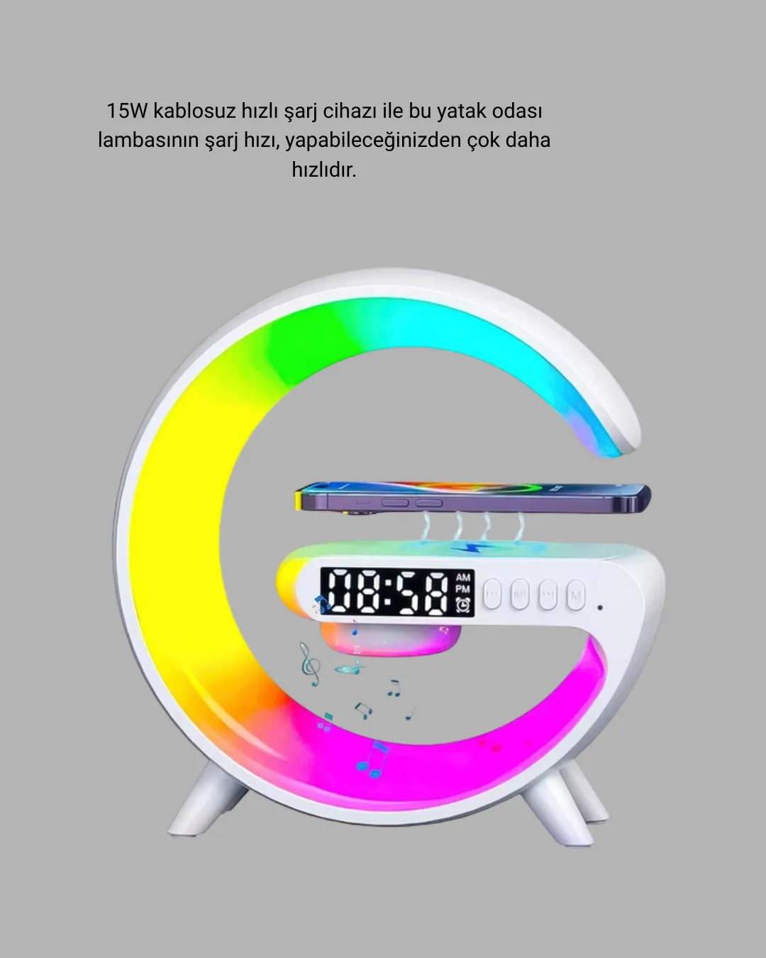 Bluetooth Hoparlörlü RGB Atmosfer Lambası Kablosuz Şarj ve Saat Özellikli