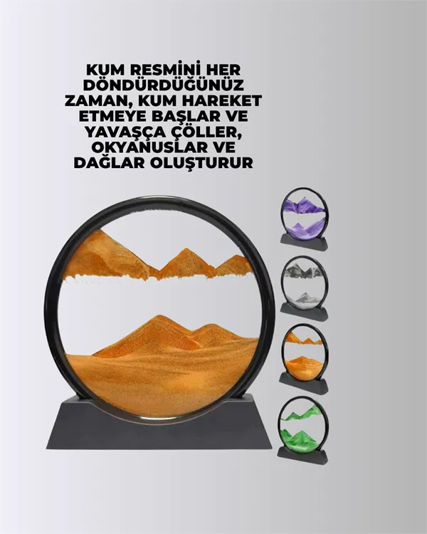 Rahatlatıcı Kum Sanatı – Yuvarlak Cam Çerçeveli Hareketli Kum Resmi, Ofis ve Ev İçin Etkileşimli Masaüstü Süs