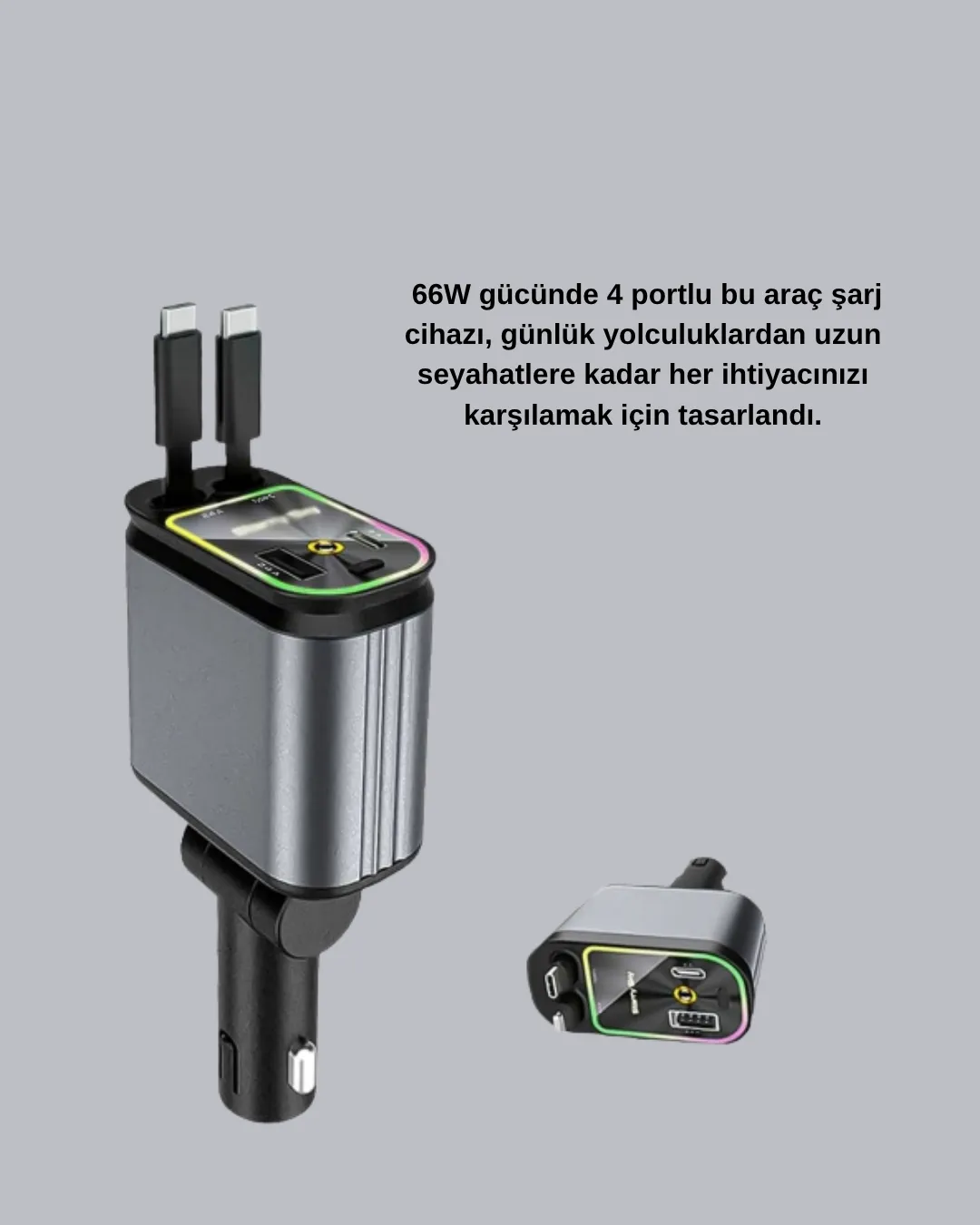 Araç Şarj Adaptörü 66W PD QC Hızlı Şarjlı ve Çekilebilir Kablolu
