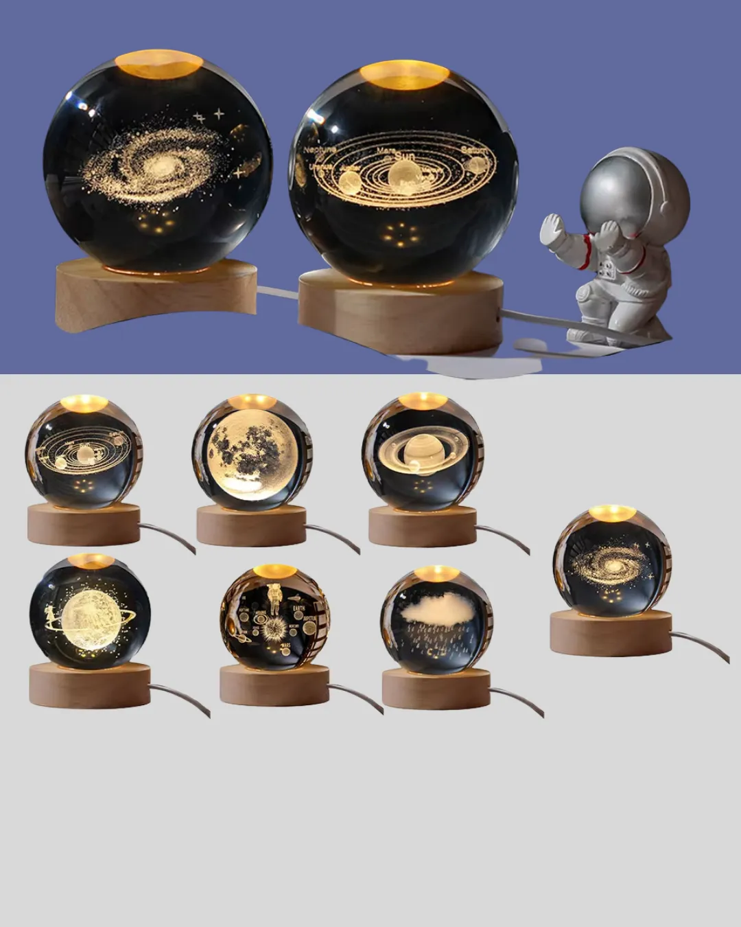 3D Astronot Kristal Küre Gece Lambası USB Ahşap Standlı Dekoratif Işık