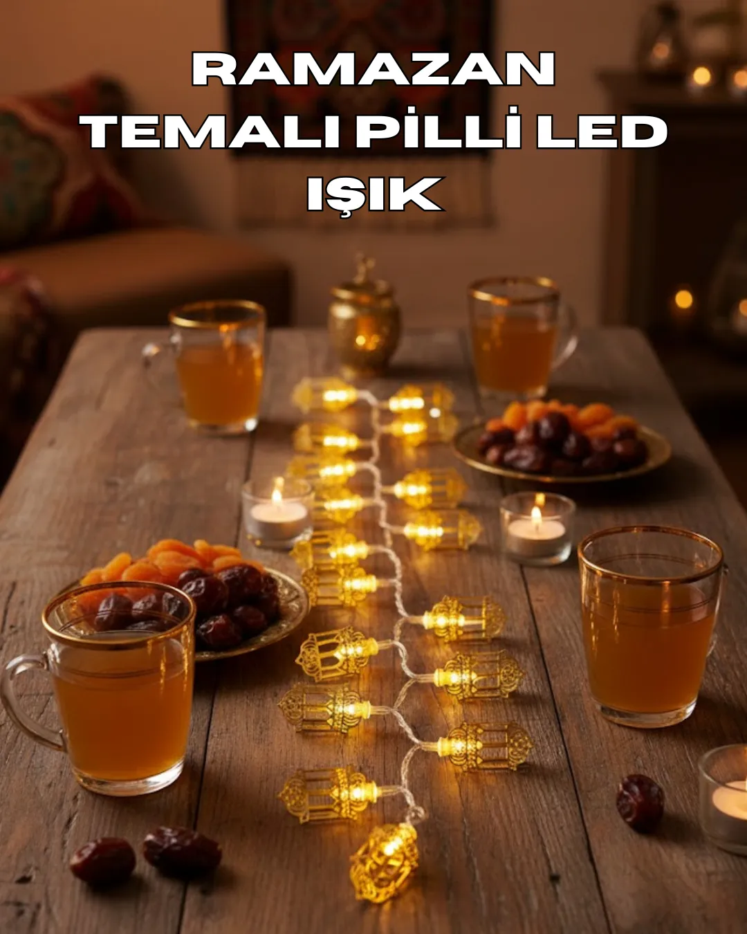 Ramazan Işıkları Pilli Altın Fener Tasarımlı Dekoratif LED Aydınlatma