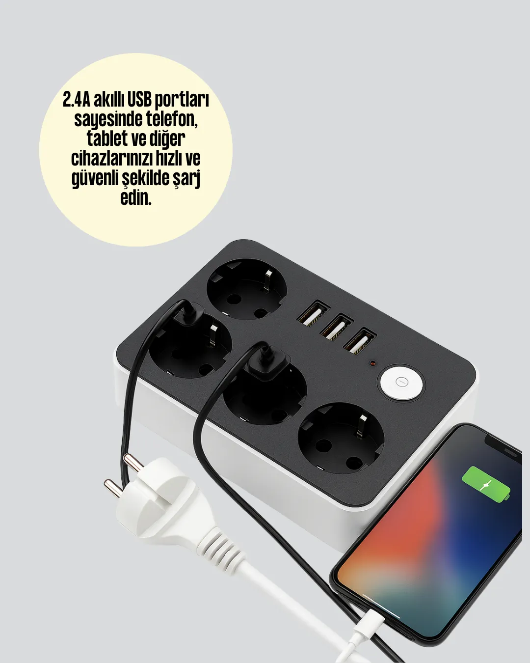 Akım Korumalı 3 USB Portlu 4’lü Priz 4.1A Hızlı Şarj