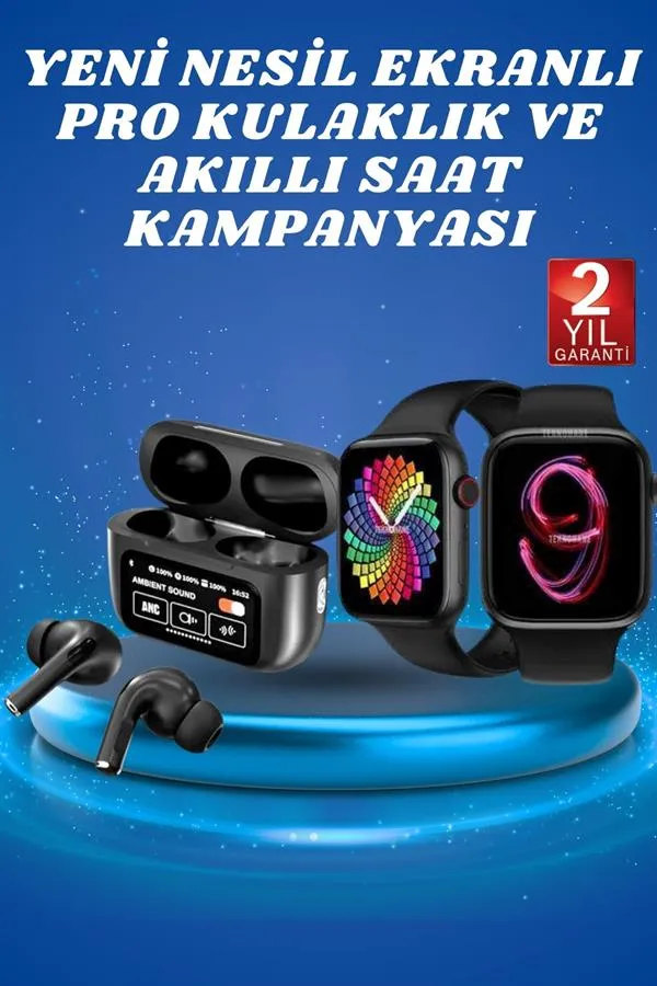 Ekranlı Yeni Nesil Pro Kulaklık ve Akıllı Saat Kampanyası Kulak İçi Mikrofonlu