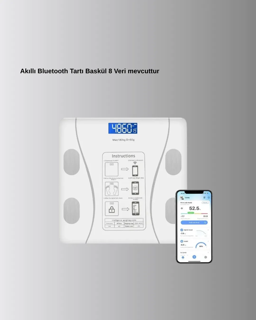 Akıllı Dijital Baskül – Bluetooth Bağlantılı, 8 Ölçüm Verili, Akıllı Vücut Analiz Tartısı