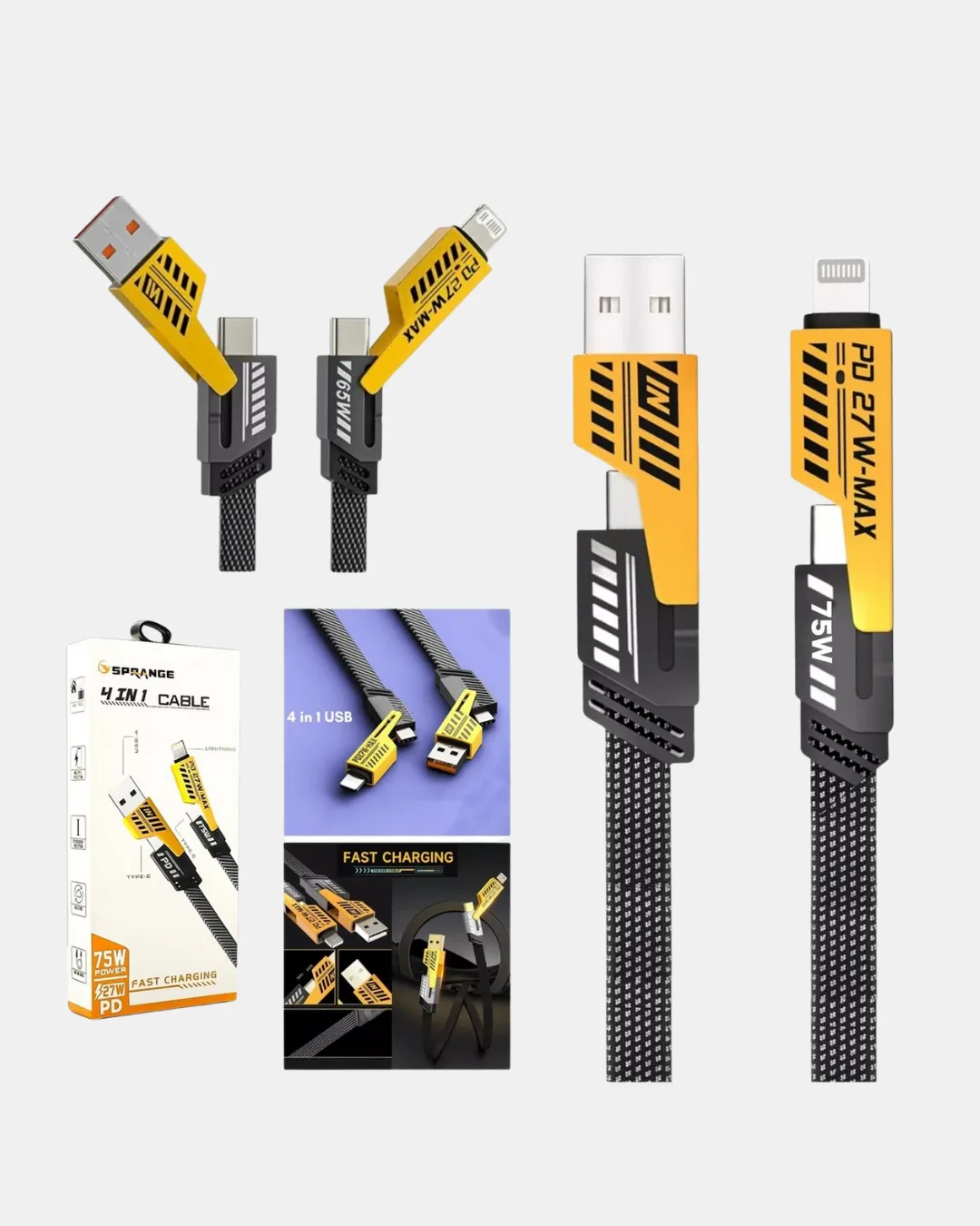 USB-C USB-A 4’ü 1 Arada Örgülü Kablo 65W Hızlı Şarj Metal Uç Dayanıklı