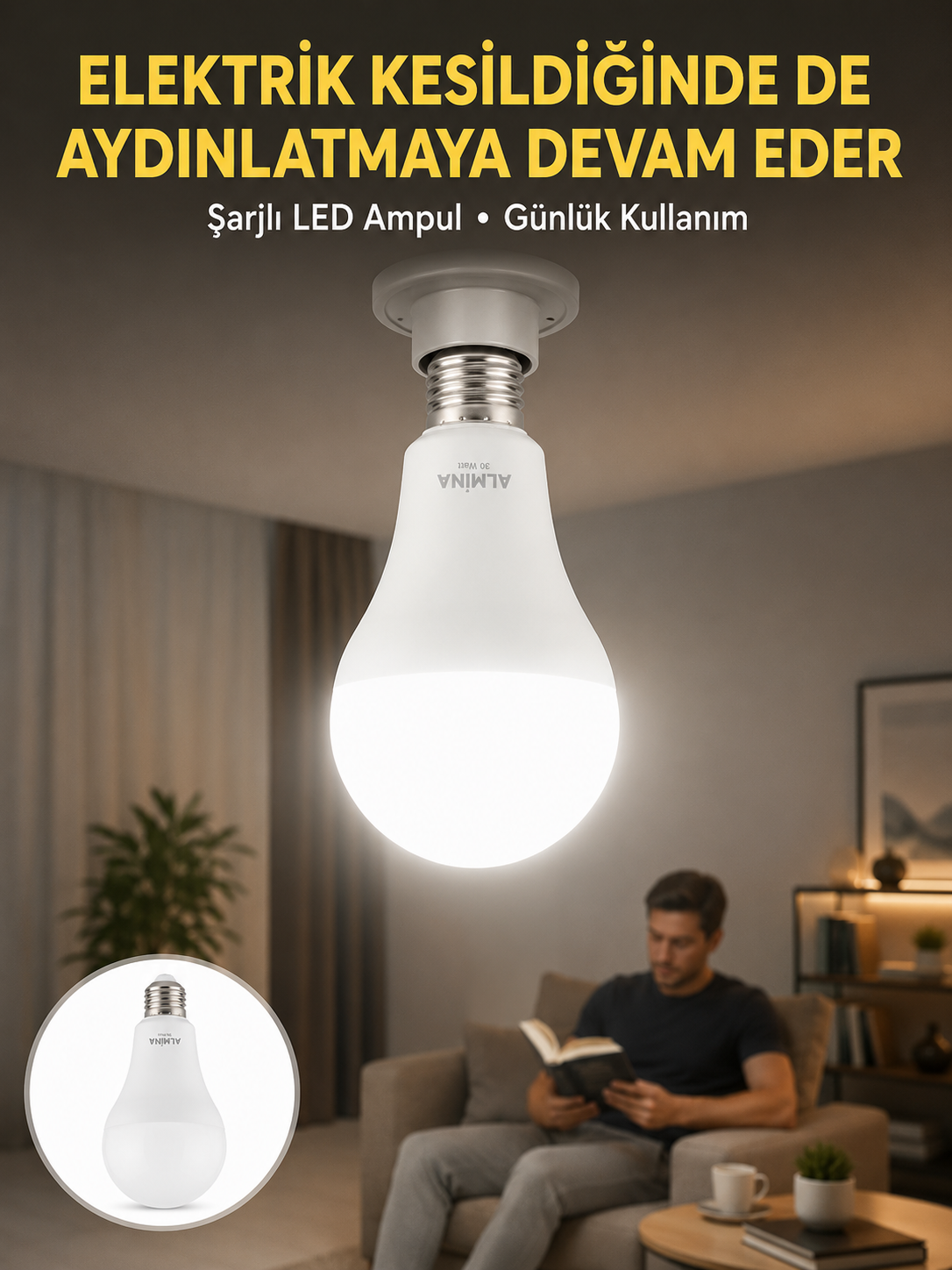 Acil Durumlar İçin Şarjlı LED Ampul 6400K Soğuk Beyaz 30 Watt