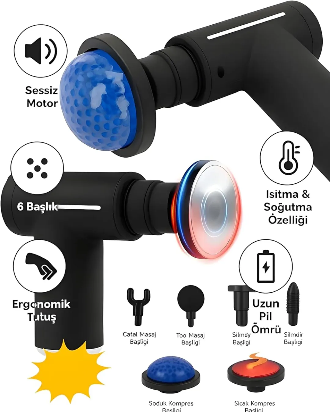 Profesyonel Derin Doku Masaj Aleti 6 Başlık 1800 mAh Batarya
