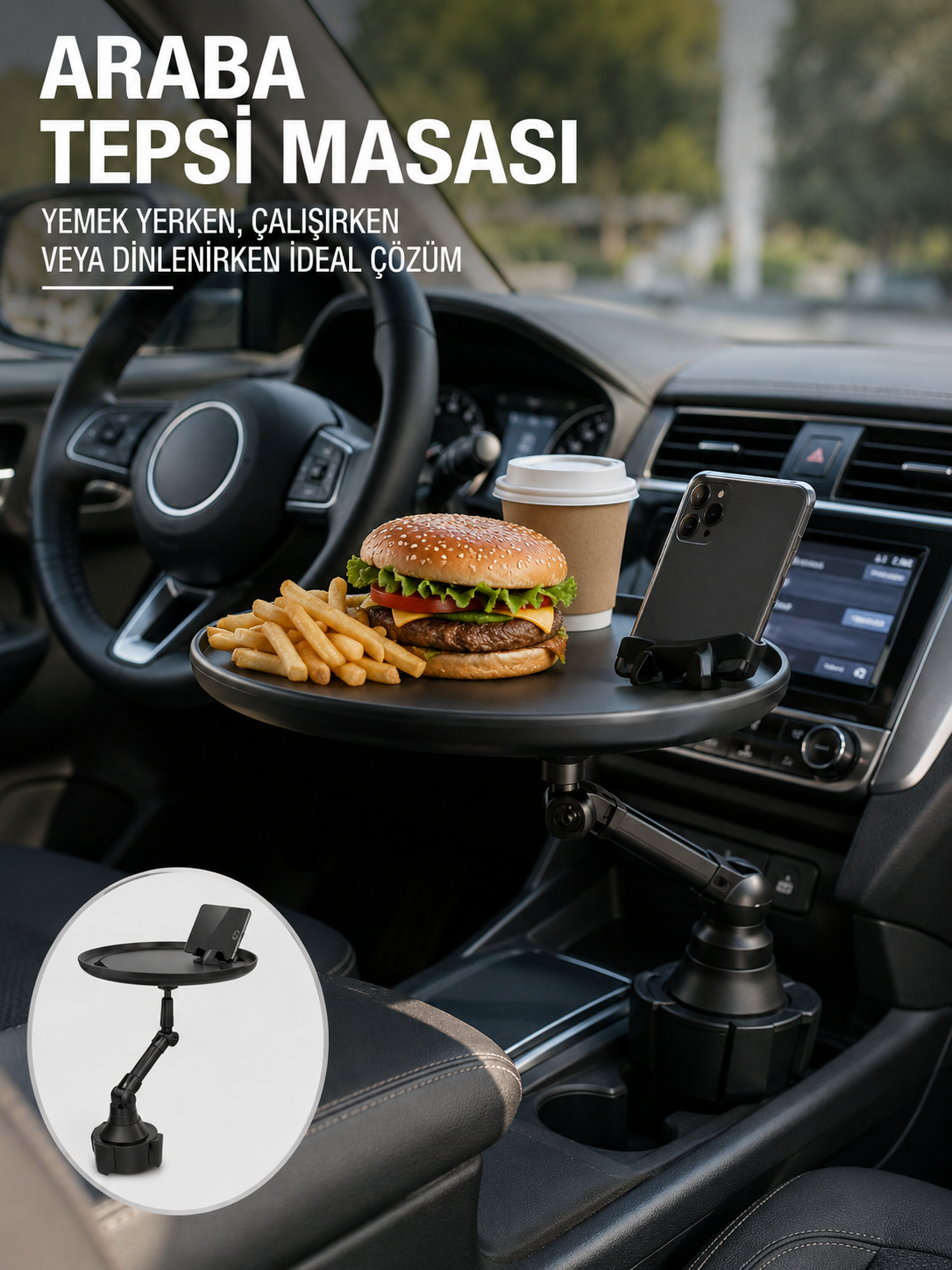 Araç İçi 360° Ayarlanabilir Bardaklık Tepsisi Geniş Yüzeyli ve Telefon Standlı