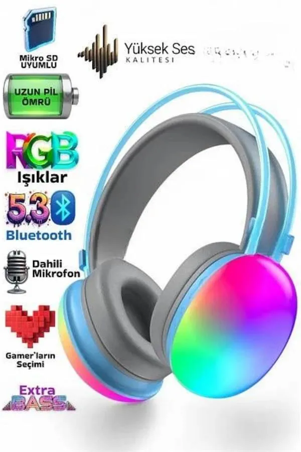 Yeni Nesil Kulak Üstü Kablosuz Uzun Ömürlü RGB Işıklı Bluetooth Kulaklık