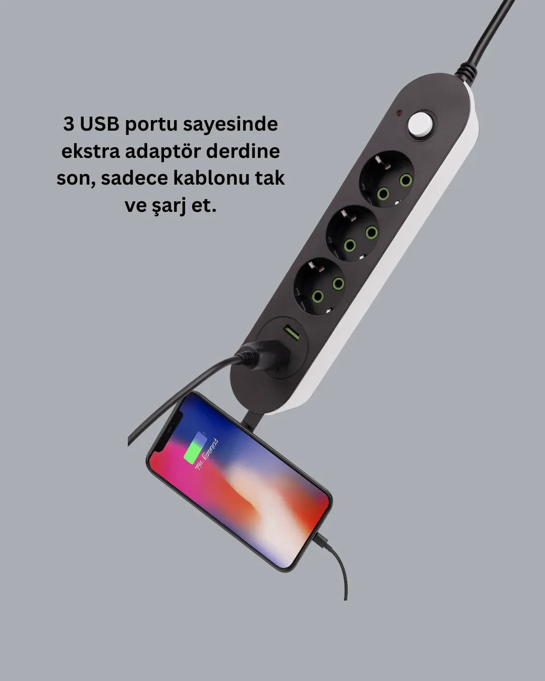Hızlı Şarj Özellikli 3 USB Girişli Üçlü Priz