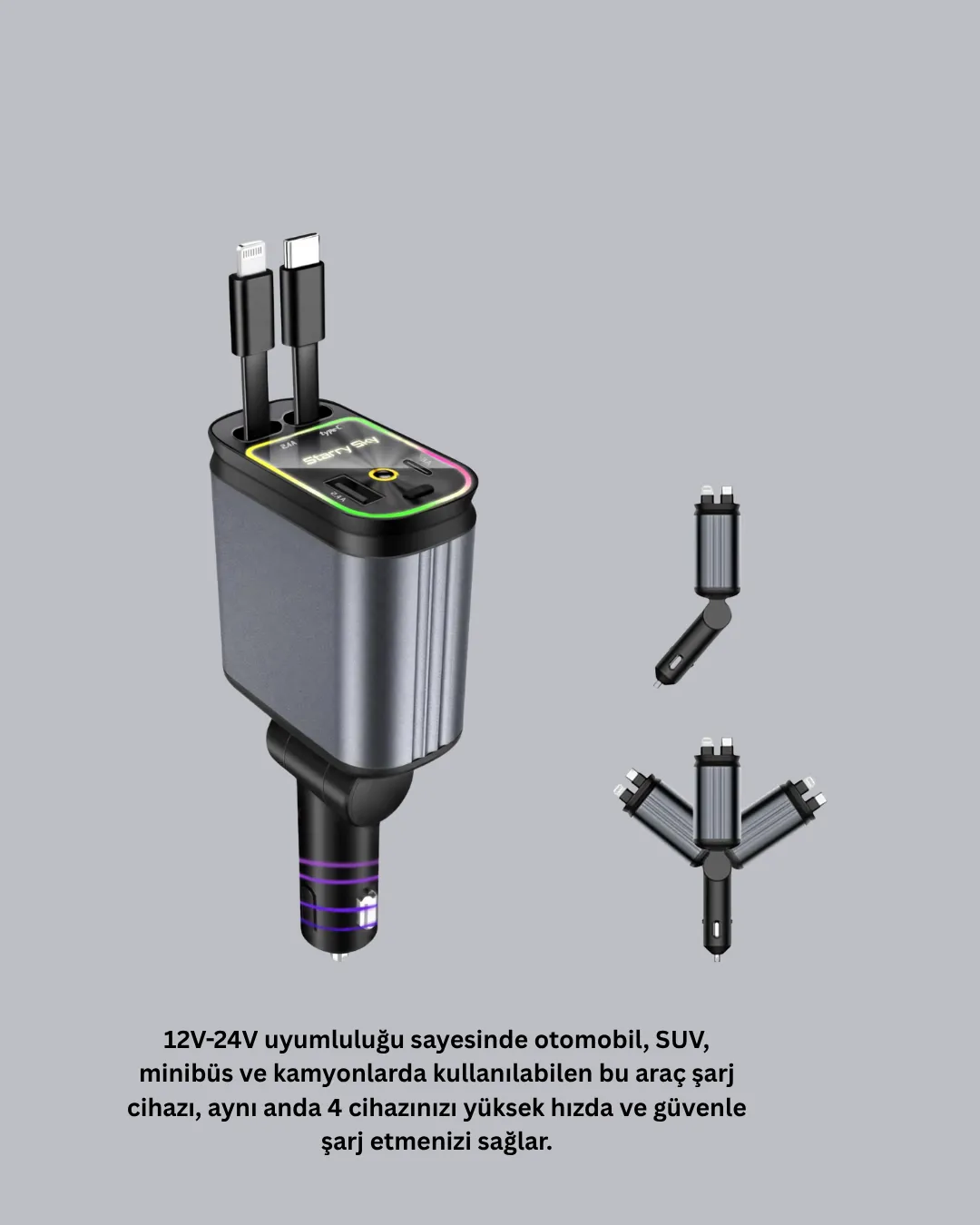 Araç Şarj Cihazı 66W 4 Portlu Hızlı Şarj ve LED Işıklı