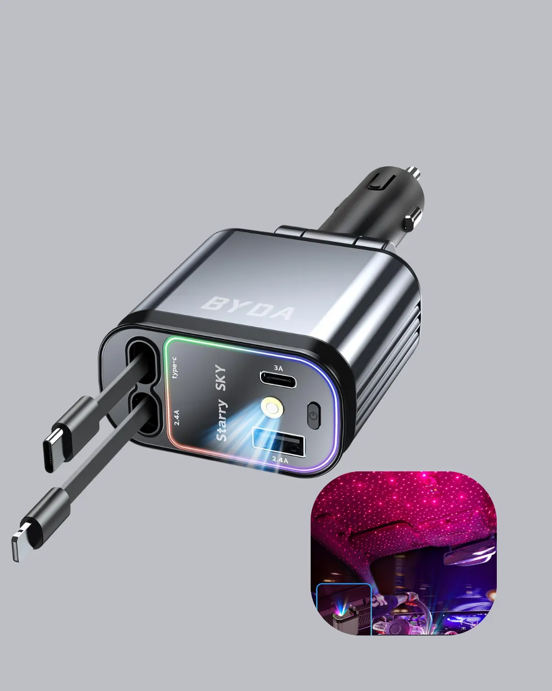 Araç Şarj Adaptörü 66W PD QC Hızlı Şarjlı ve Çekilebilir Kablolu