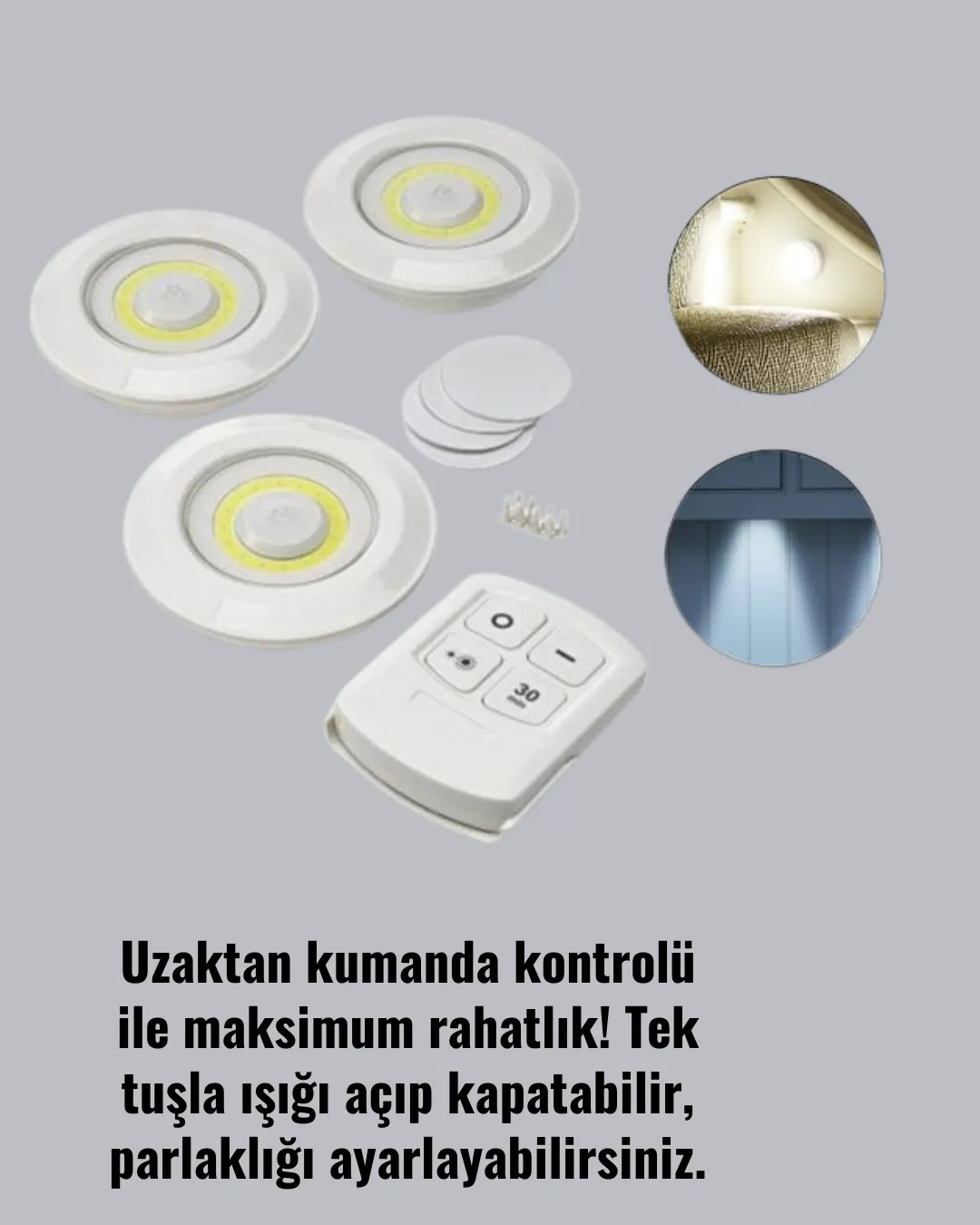 Çok Amaçlı Kullanım İçin Kablosuz Yapışkanlı 3 Lü Uzaktan Kumandalı Led Spot Lamba