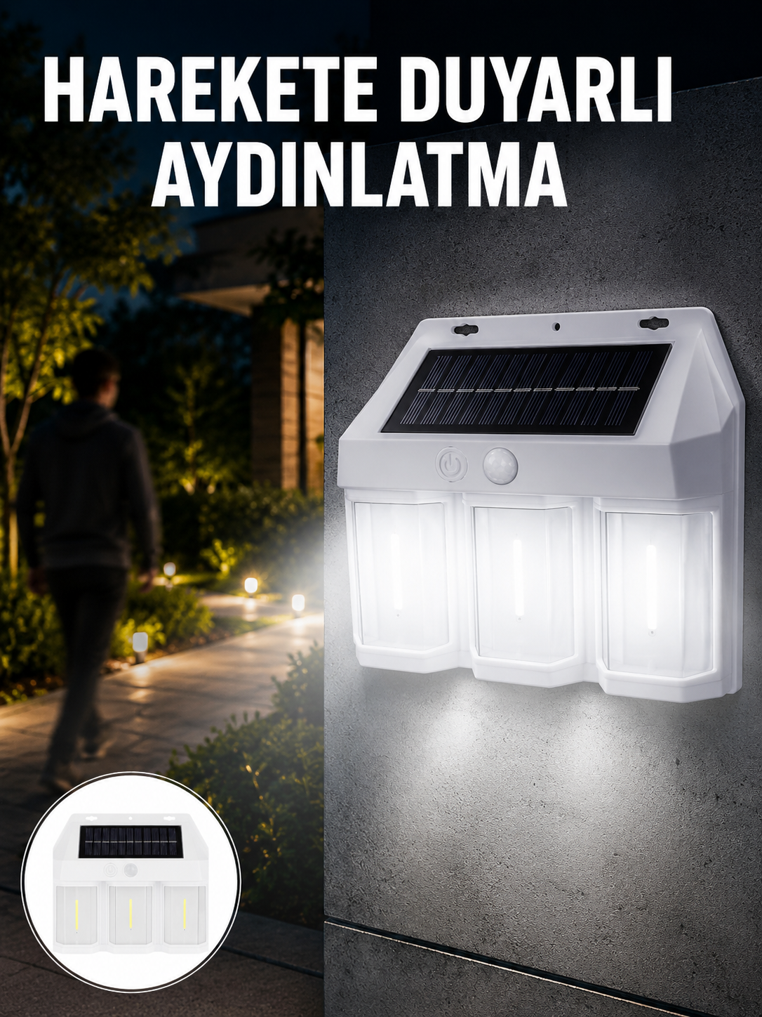 3 in 1 Solar Duvar Lambası – IP65 Su Geçirmez, Hareket Sensörlü