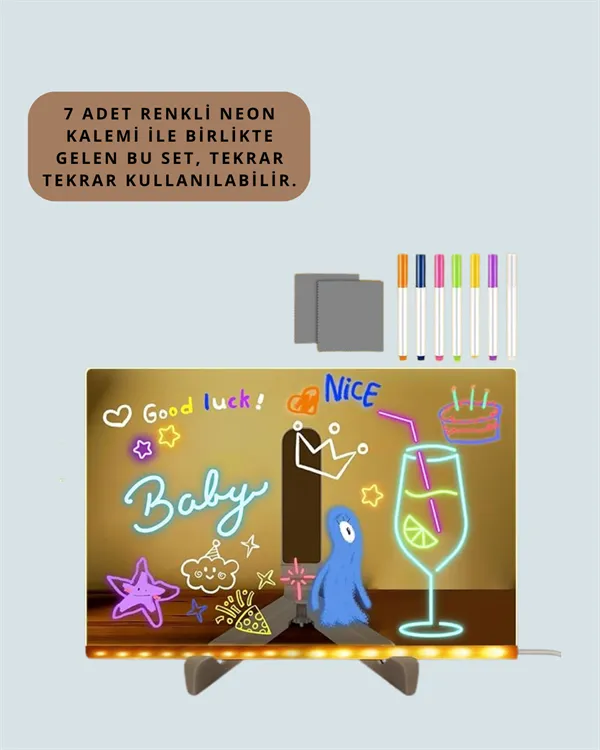 Çocuklar İçin Renkli LED Mesaj Tahtası – Neon Kalemli, Eğlenceli ve Yaratıcı Yazı Panosu