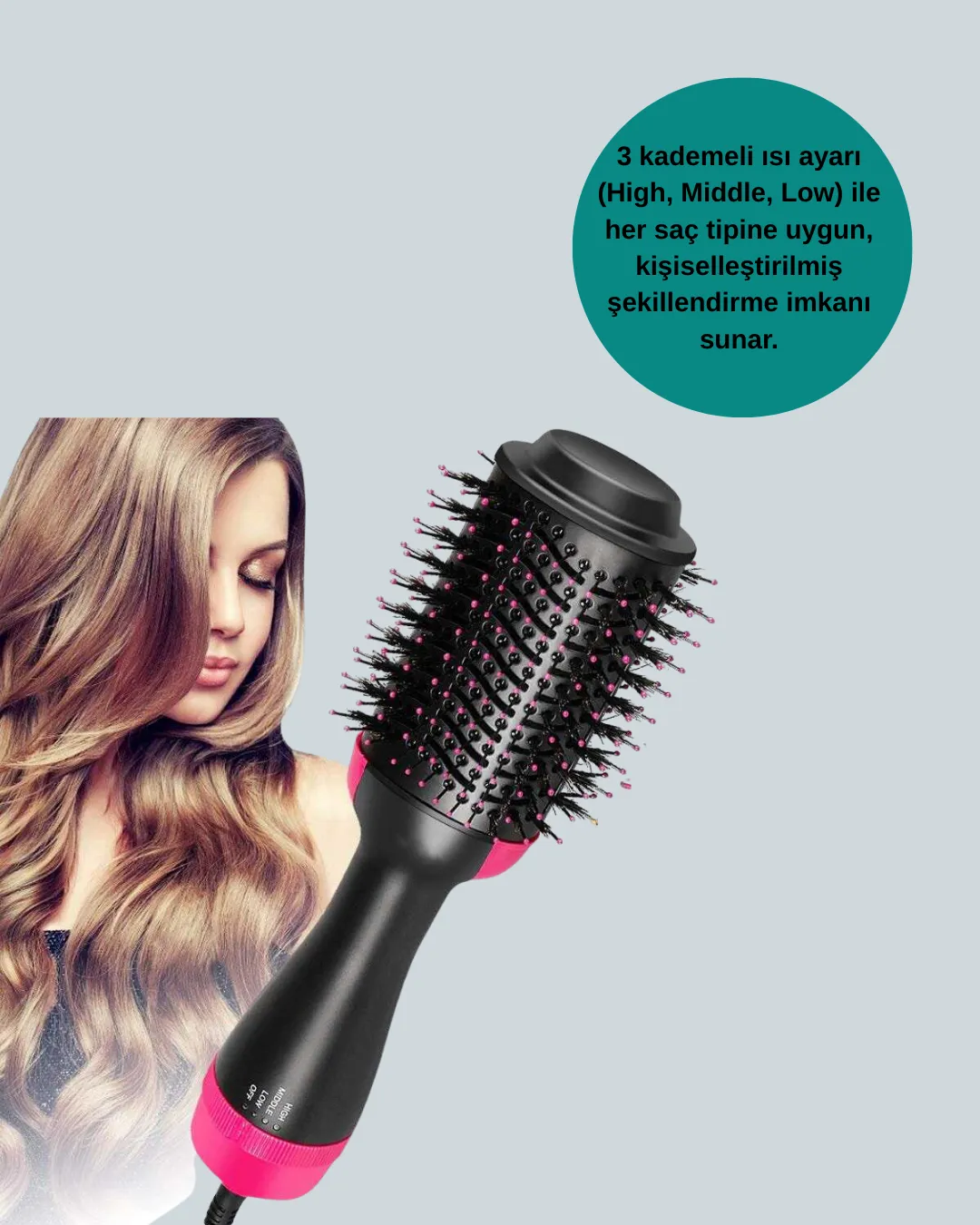 3 Isı Kademeli 1200W Saç Şekillendirme Fırçası.