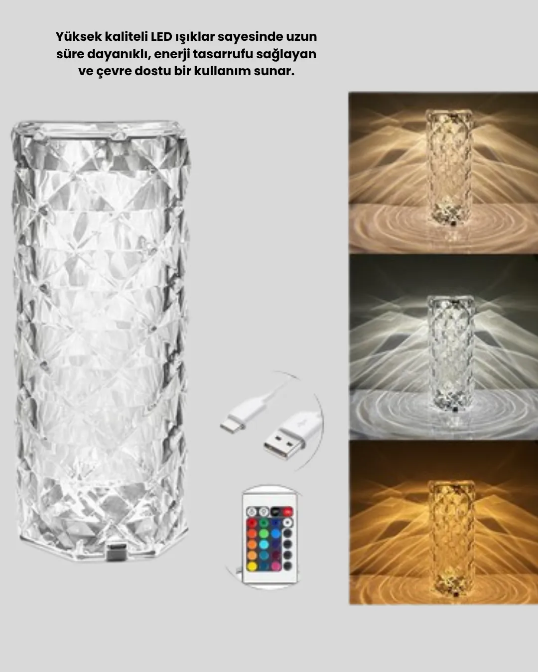 Kristal Tasarımlı RGB LED Gece Lambası – Kumandalı, Renk Değiştiren Dekoratif Işık