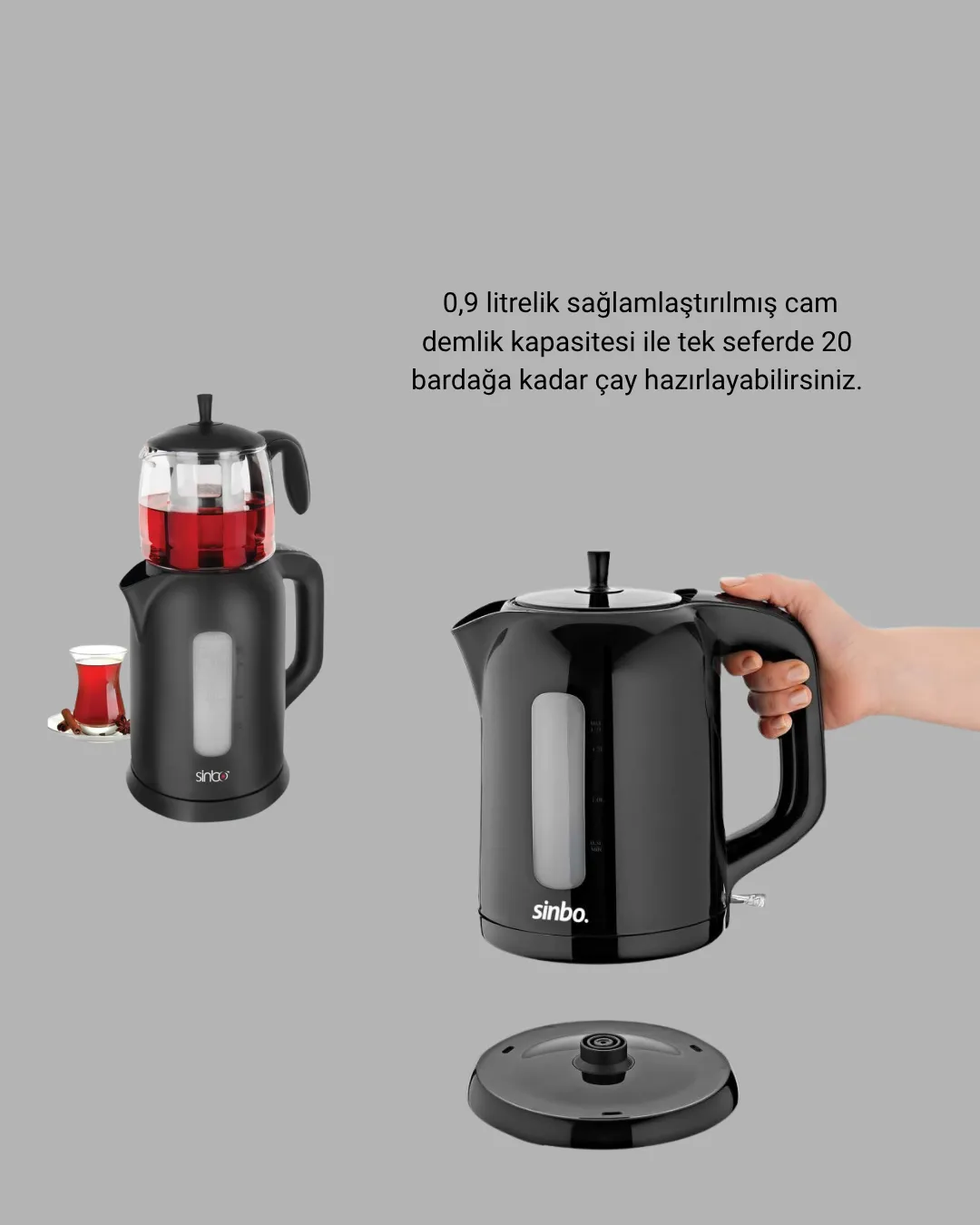 Sinbo Elektrikli Çay Makinesi 1.7 L Su Isıtıcı ve Cam Demlikli Güvenli Kullanım